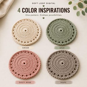 Pode incluir: Quatro bases circulares de croch&ecirc; nas cores creme, s&aacute;lvia, rosa antigo e taupe. O texto diz SOFT LOOP DIGITAL, 4 COLOR INSPIRATIONS, One pattern. Endless possibilities., CREAM, SAGE, DUSTY ROSE e TAUPE. Cada base possui um orif&iacute;cio central.