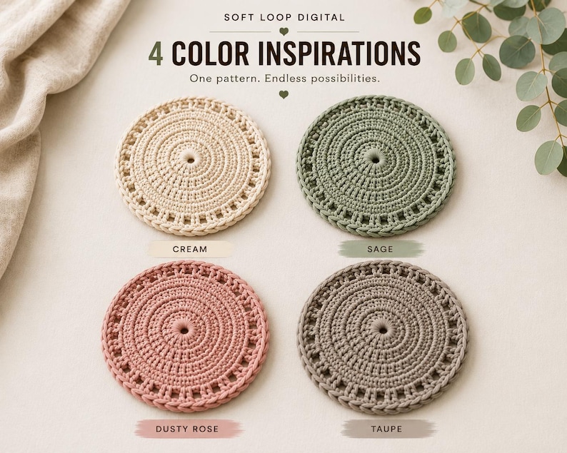 Pode incluir: Quatro bases circulares de croch&ecirc; nas cores creme, s&aacute;lvia, rosa antigo e taupe. O texto diz SOFT LOOP DIGITAL, 4 COLOR INSPIRATIONS, One pattern. Endless possibilities., CREAM, SAGE, DUSTY ROSE e TAUPE. Cada base possui um orif&iacute;cio central.