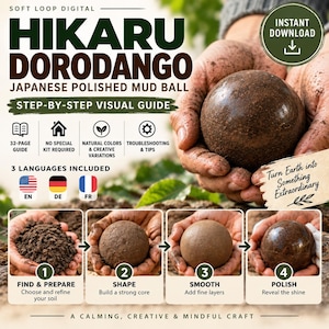 Puede incluir: Una guía digital para crear Hikaru Dorodango, bolas de barro pulidas japonesas. El documento presenta un proceso visual paso a paso en cuatro fases: encontrar y preparar, dar forma, alisar y pulir. Incluye una guía de 32 páginas.