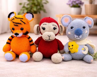 Pacote de padrões de crochê de animais da savana: macaco, tigre e coala (PDF)