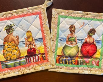 Hot pad set fruit ladies on beach