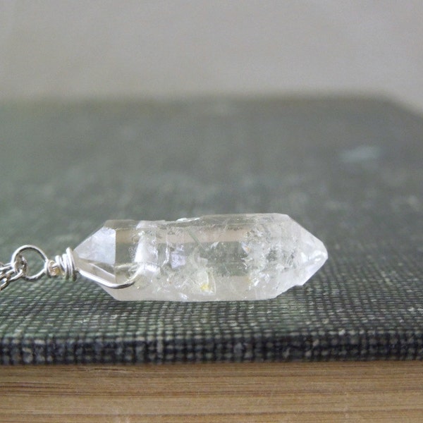 Clear Quartz Point Necklace - Natural Clear Crystal Point Rock Pendant Necklace Silver Chain stone no.9