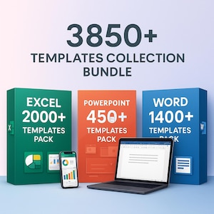 May include: A bundle of digital templates for Excel, PowerPoint, and Word. The image shows three boxes labeled with the software names and template counts: Excel 2000+, PowerPoint 450+, and Word 1400+. A smartphone and laptop are also visible.