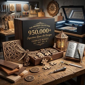 May include: A wooden box set labeled "The Premier Collection" with "950,000+ Signature Laser Art Designs." The set includes various laser-cut wooden designs, a dragonfly model, and puzzle pieces. Other wooden art pieces and tools are on a wooden table.