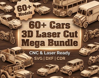 60+ Autos 3D Laser Cut Puzzle Bundle, CNC Holz Modell SVG-Dateien