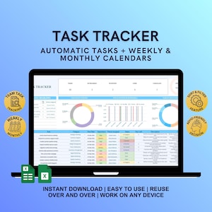 May include: A laptop screen displaying a task tracker spreadsheet with charts and data. The screen shows the text "TASK TRACKER" and "AUTOMATIC TASKS + WEEKLY & MONTHLY CALENDARS". Additional icons and text include "TEAM TASK TRACKING", "WEAKLY MONTHLY", "SORT & FILTER FEATURE", and "ADHD-FRIENDLY DECISION".