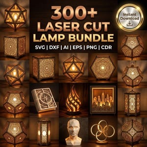 Puede incluir: Una colección de lámparas cortadas con láser en diversas formas geométricas, iluminadas para mostrar patrones intrincados. La imagen incluye el texto "300+ Laser Cut Lamp Bundle" y "Instant Download". Las lámparas son de madera y tienen iluminación cálida.