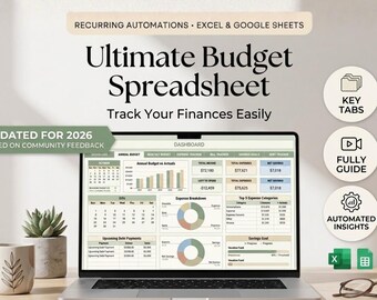 Spreadsheet voor jaarlijkse budgettracker: Google Spreadsheets, Excel Financial Planner (digitale download)