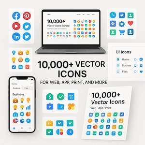 Könnte beinhalten: Der Bildschirm eines Laptops zeigt eine Grafik mit dem Text "10.000+ Vektor-Icons Bundle" und "10.000+ Vektor-Icons" mit dem Slogan "Für Web, App, Druck und mehr". Der Bildschirm zeigt auch ein Raster mit bunten Symbolen. Das Bild enthält auch ein Smartphone, auf dem eine mobile App mit einer Liste von Symbolen angezeigt wird. Die Symbole sind in verschiedenen Farben, darunter Blau, Grün, Rot, Gelb und Orange.