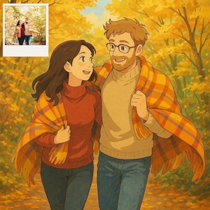 May include: A couple walks through a forest in autumn. They are wearing warm clothing and holding onto a plaid blanket. The leaves on the trees are yellow and orange.