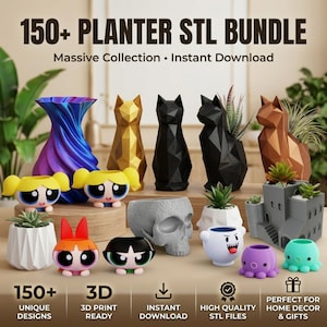 May include: A collection of 3D printed planters featuring various designs including geometric cat shapes, a skull, cartoon characters, an octopus, and a miniature building. The text 150+ PLANTER STL BUNDLE is displayed at the top with additional text below.