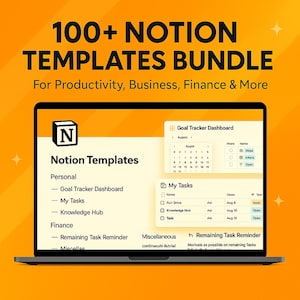 Pode incluir: Um ecrã de computador portátil que mostra uma lista de mais de 100 modelos Notion para produtividade, negócios, finanças e muito mais. O ecrã mostra um calendário, uma lista de tarefas e um lembrete para as tarefas restantes. O texto "Notion Templates" é apresentado num tipo de letra grande na parte superior do ecrã.