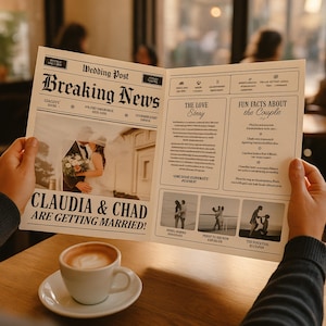 Può includere: Un annuncio di matrimonio in stile giornale con il titolo "Breaking News". L'annuncio presenta una foto di una coppia che si bacia, con il testo "Claudia & Chad are getting married!". Una tazza di caffè è in primo piano.