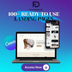 Puede incluir: Un ordenador portátil que muestra un sitio web con el texto "Es hora de aprender todo lo que necesitas para vender cursos. ¡Vamos a hacerlo!" El sitio web está diseñado con un estilo minimalista con un fondo claro y una foto de una mujer trabajando en un ordenador portátil. El ordenador portátil está sobre una superficie azul. Un teléfono inteligente se muestra junto al ordenador portátil, mostrando una maqueta de un sitio web con una variedad de diseños. El texto "100+ Páginas de destino listas para usar" se muestra en la parte superior de la imagen.