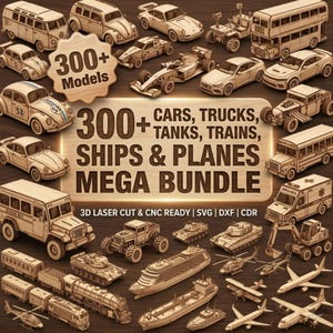 Könnte beinhalten: Eine Sammlung von über 300 Holzmodellfahrzeugen, darunter Autos, Lastwagen, Panzer, Züge, Schiffe und Flugzeuge. Die Modelle sind lasergeschnitten und CNC-fertig. Der Text "300+ Modelle" und "MEGA BUNDLE" ist enthalten.