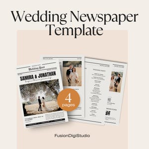 May include: A wedding newspaper template with four pages. The design includes the text "Wedding Newspaper Template", "Wedding Post", and "SAMIRA & JONATHAN begin their journey". The template features wedding photos and a "4 pages" graphic.
