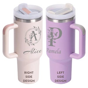 Personalized 40oz Floral Monogram Tumbler with Name, Custom Engraved Stainless Steel Cup with Handle & Straw, Gift for Her or Him