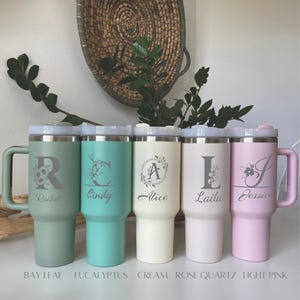 Personalized 40oz Floral Monogram Tumbler with Name, Custom Engraved Stainless Steel Cup with Handle & Straw, Gift for Her or Him, Free Ship
