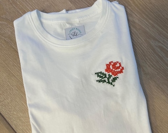 Cross Stitch Shirt, Cross Stitch, Rose Shirt Cross Stitch, Gift For Mom Cross Stitch, Gift For Retreat Cross Stitching Tshirt, Red Rose