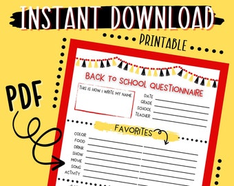 PRINTABLE Back To School Questionnaire, Back to School, New Year, Student Questionnaire, 8.5x11