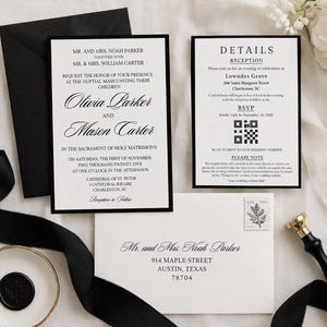 Black and White Wedding Invitation Template | Elegant Minimalist Wedding Invitation Suite | Formal 5x7 Invite with Details Card