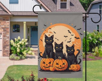 Black Cat Pumpkin Garden Flag, Halloween Ghost Garden Flag, Fall Season Outdoor Decor, Spooky Floral Yard Flag, Neutral Autumn Porch Decoration