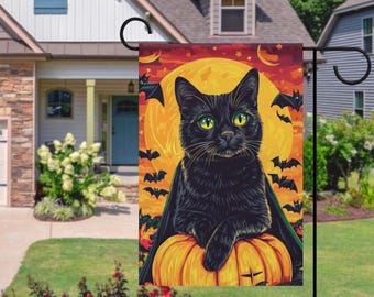 Black Cat Pumpkin Garden Flag, Halloween Ghost Garden Flag, Fall Season Outdoor Decor, Spooky Floral Yard Flag, Neutral Autumn Porch Decoration