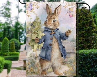 Decoración de jardín de Pascua, diseño vintage de conejo estilo Peter Rabbit, bandera floral de Pascua para jardín, borde floral dorado, bandera de primavera para decoración de exteriores.