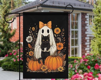 Halloween-spooktuinvlag, herfstseizoen buitendecor, griezelige bloementuinvlag, neutrale herfstverandadecoratie, zwarte kat pompoentuinvlag