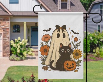 Halloween-spooktuinvlag, herfstseizoen buitendecor, griezelige bloementuinvlag, neutrale herfstverandadecoratie, zwarte kat pompoentuinvlag