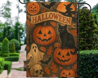 Halloween Garden Flag, Fall Season Outdoor Decor, Spooky Floral Yard Flag, Neutral Autumn Porch Decoration, Black Cat Pumpkin Garden Flag