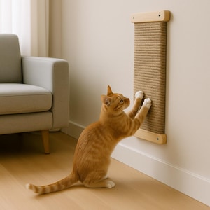 Op de afbeelding: Een rechthoekige krabpaal voor katten, gemaakt van natuurlijk touw en licht hout, gemonteerd aan een beige muur. Een oranje kat wordt getoond terwijl hij de krabpaal gebruikt. De kat staat in een speelse houding en krabt met zijn voorpoten.