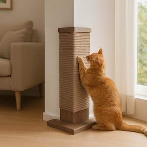 May include: A brown cat scratches a tall, rectangular cat scratching post. The post is made of tightly wound rope and has a wooden base and top. The cat is orange and stands on its hind legs, reaching up to scratch the post.