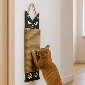 Puede incluir: Un rascador de pared con forma de gato negro con una superficie para rascar de cuerda. El rascador tiene un diseño de cara de gato en la parte superior y huellas de patas en la parte inferior. Un gato atigrado naranja está rascando la superficie de la cuerda.