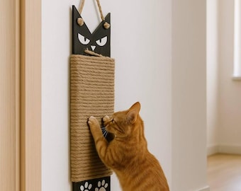 Rascador para gatos, poste rascador para gatos / Rascador de pared de yute y cara de gato. Rascador para pared, mueble o puerta. Regalo para dueños de gatos.