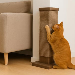 May include: An orange cat scratches a brown rope-covered cat scratching post. The post is rectangular and stands against a white wall. A beige sofa is to the left of the post. The post is brown.