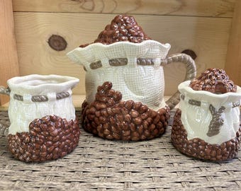 Vintage Kaffeebohne Kaffeekanne Milchkännchen & Zuckerdose mit Deckel 1994
