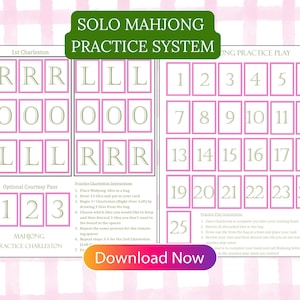 Op de afbeelding: Een wit oefenblad voor Mahjong met roze omrande vakjes gelabeld met letters R en L, cijfers 1 tot 25, en instructies voor de Charleston en oefenspel. De tekst luidt Solo Mahjong Practice System en Download Now.