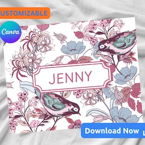 May include: A floral design with birds and the name "JENNY" in a decorative frame. The design features pink, blue, and burgundy flowers and birds on a white background. The words "CUSTOMIZABLE" and "Download Now" are also visible.
