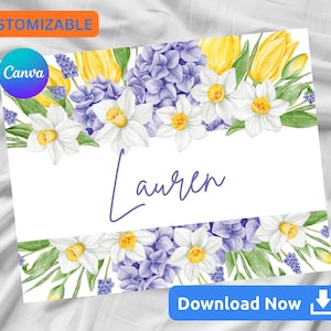 Può includere: Una carta bianca con composizioni floreali ad acquerello di narcisi bianchi, giacinti viola e tulipani gialli. Il nome "Lauren" è scritto in corsivo. La carta ha i pulsanti "Personalizzabile" e "Scarica ora".