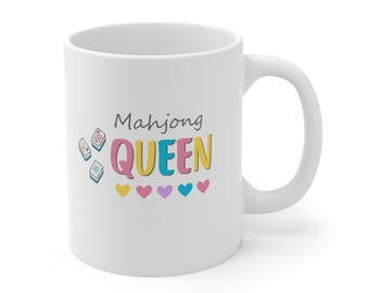 Mahjong Queen Mug, White Ceramic Coffee Cup, Gift for Mahjong Lovers