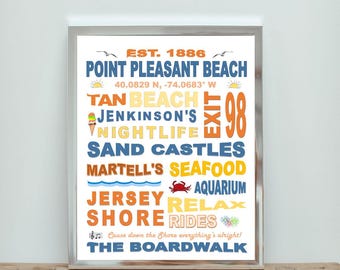 May include: A framed print with a silver border featuring the words "Point Pleasant Beach" in blue, with other words in orange and yellow. The print includes the text "Est. 1886", coordinates, and phrases like "Tan Beach" and "The Boardwalk".