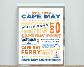Arte tipografica di Cape May Beach / Arte cittadina della costa del New Jersey (download digitale)