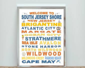 South Jersey Shore stränder NJ konstposter, retro väggdekor, Jersey Shore, Cape May, Wildwood, färgglad poster (digital nedladdning)