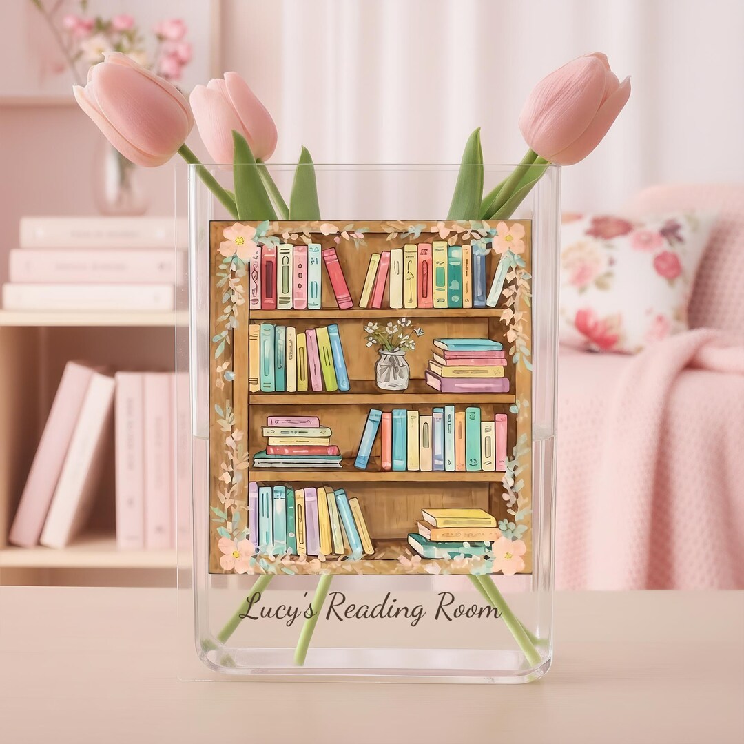 Flower Bookshelf Acrylic Book Vase, Cozy Reading Decor, Literary Home ...