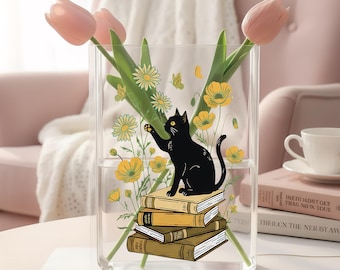 Vaso in acrilico a forma di libro "The Cat In The Book", accogliente decorazione per la lettura, arredamento letterario per la casa, vaso per fiori a forma di libro, vaso personalizzato per libri, regalo per amanti dei libri