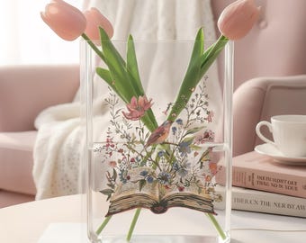 Vaso em Acrílico em Formato de Livro de Histórias Botânicas, Decoração Aconchegante para Leitura, Decoração Literária para Casa, Vaso de Flores em Formato de Livro, Vaso Personalizado em Formato de Livro, Presente para Amantes de Livros