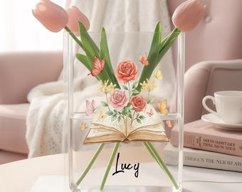 Vaso em formato de livro com borboletas e rosas em acrílico, decoração aconchegante para leitura, decoração literária para casa, vaso de flores em formato de livro, vaso personalizado em formato de livro, presente para amantes de livros