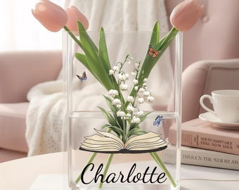 Vaso em formato de livro de acrílico com lírio-do-vale, decoração aconchegante para leitura, decoração literária para casa, vaso de flores em formato de livro, vaso personalizado em formato de livro, presente para amantes de livros