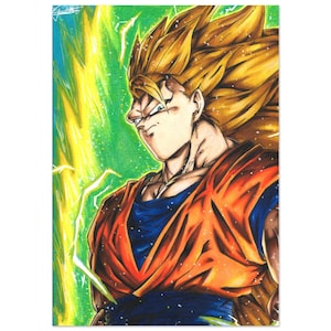 Puede incluir: Una ilustración digital de un personaje con el pelo rubio puntiagudo, que lleva un atuendo naranja y azul, de pie frente a un fondo verde y amarillo.